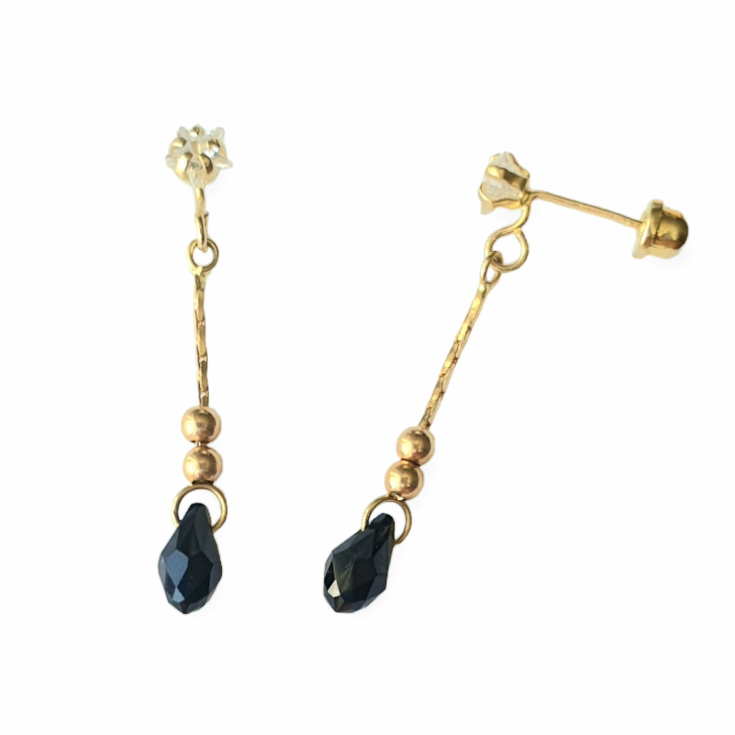 Aretes de gota negra largos- Oro 10K