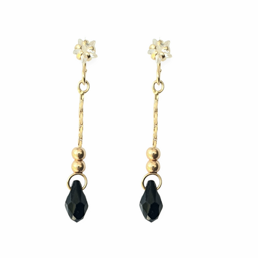 Aretes de gota negra largos- Oro 10K