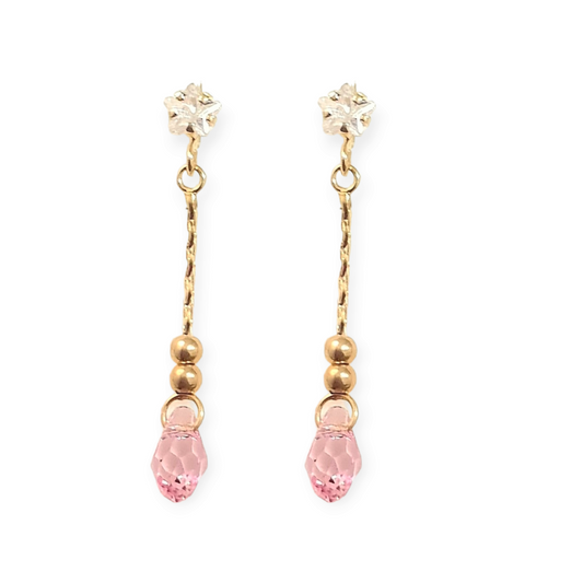 Aretes largos de gota rosa- Oro 10K