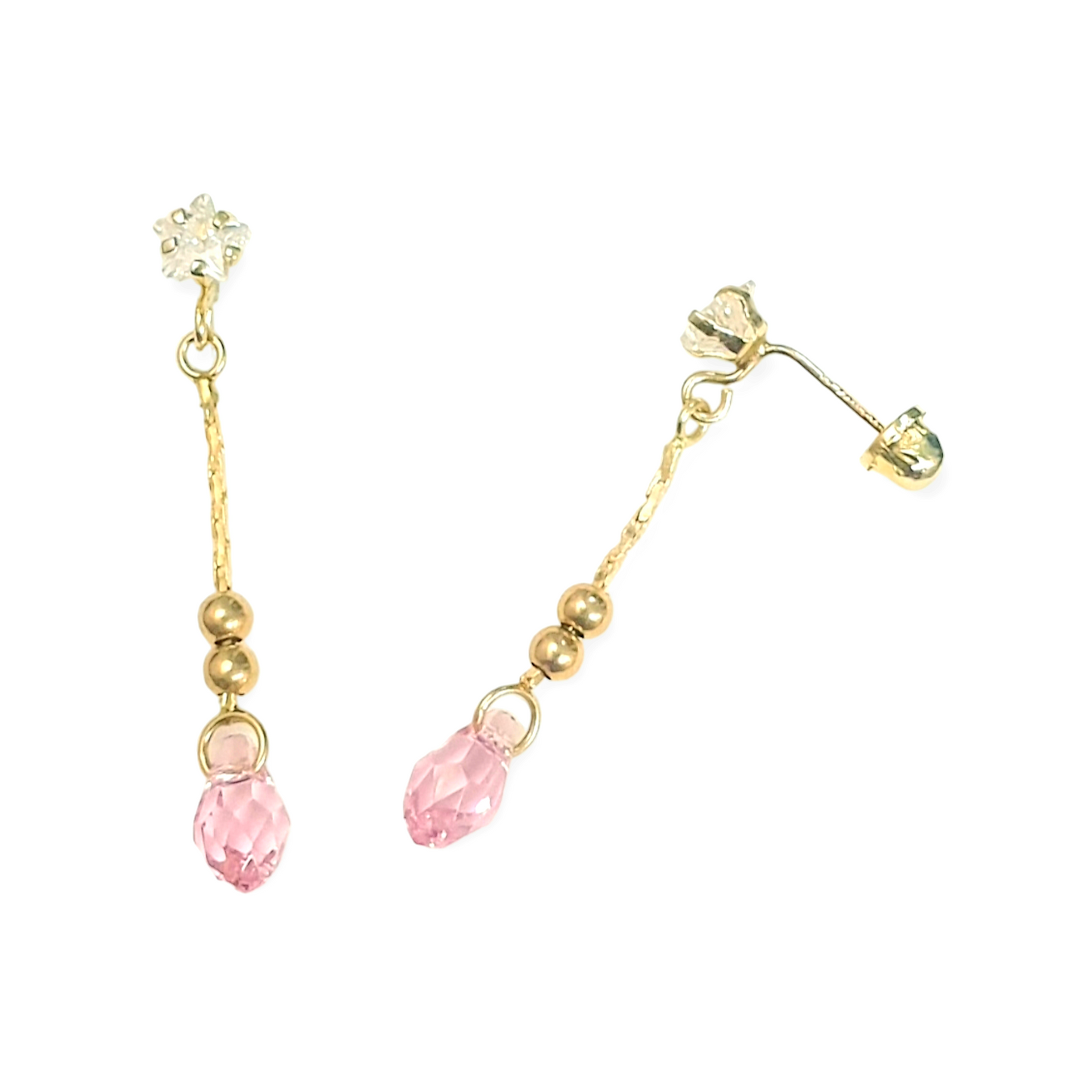Aretes largos de gota rosa- Oro 10K