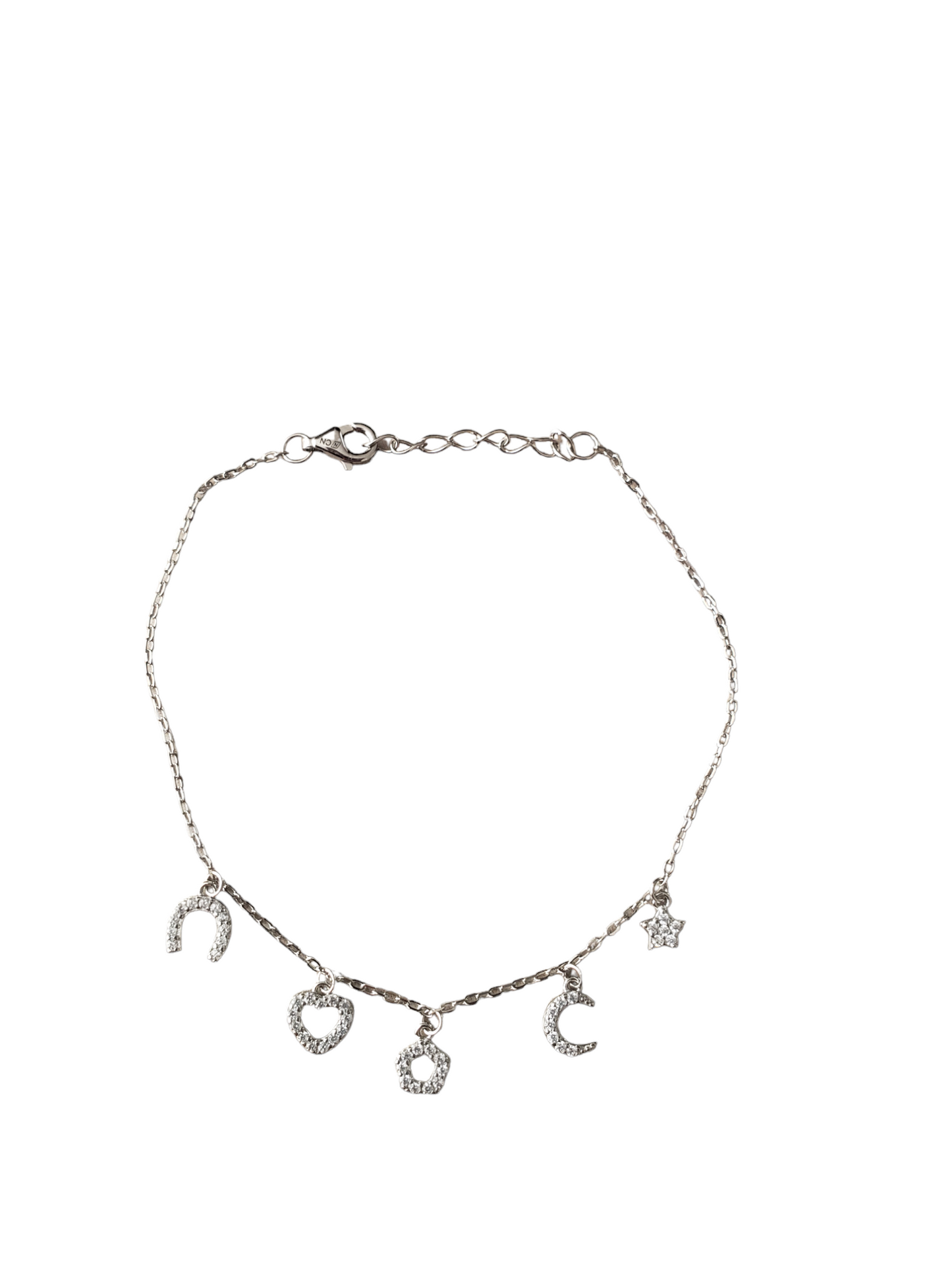 Pulsera con dijes de zirconias. Plata ley 925, acabado en Rodio