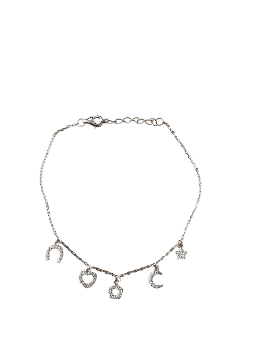 Pulsera con dijes de zirconias. Plata ley 925, acabado en Rodio